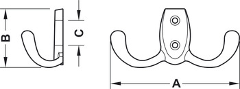 Garderobehaak, zink-aluminiumlegering, met 2 haken