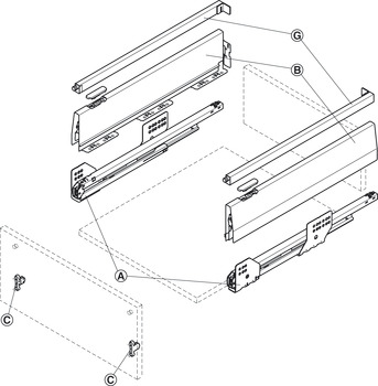 Lade-garnituur, Häfele Matrix Box P50, met lengtereling rechthoekig, ladehoogte 115 mm, draagvermogen 50 kg